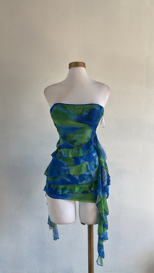 Vestido verde con azul bolero corto